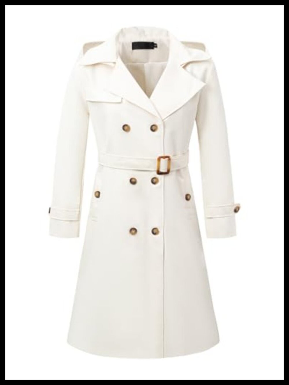 Womens Long Trench Coat Double Breasted Lapel Belted Overcoat Detachable Hood